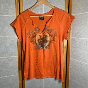 Harley Davidson Orange Graphic V Neck T Shirt Las Vegas Nevada Women's XL